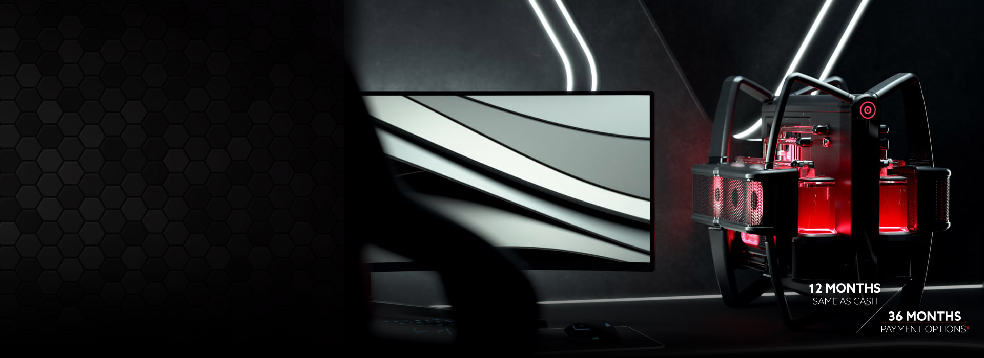 Promotional banner advertising financing options for ORIGIN PCs, featuring a gaming desktop setup with text highlighting pre-approved financing, 12 months same as cash, and up to 36-month payment options.