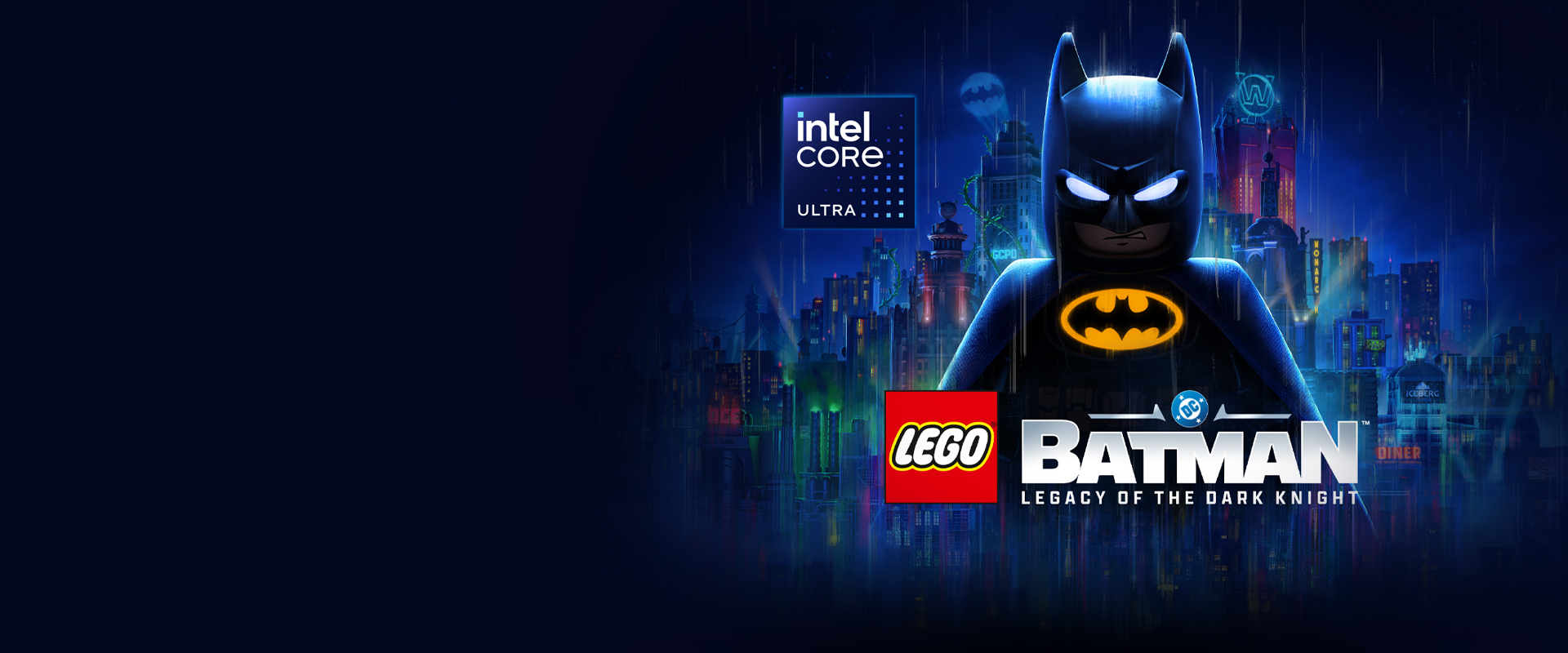 Promotional image of a LEGO Batman figure with glowing eyes and chest emblem standing in front of a stylized nighttime city skyline, with Intel Core Ultra branding and LEGO Batman Legacy of the Dark Knight title displayed