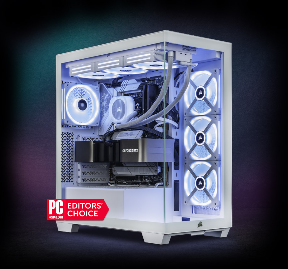 Neon-lit Neuron 3500X gaming PC with advanced liquid cooling and a powerful NVIDIA RTX graphics card. PC Mag Editor's Choice Award
